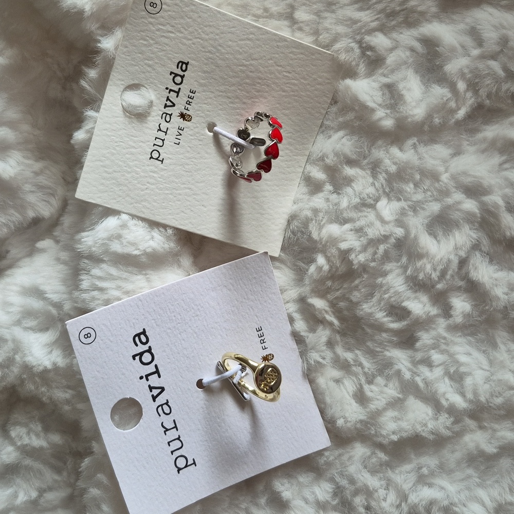 Pura Vida Pineapple Signet and Red Love Hearts Enamel Band Rings